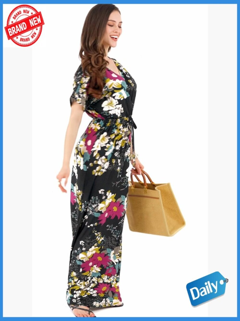 Floral Maxi Dress Kimono Sleeve V-Neck Flowy A-Line Long Dress Summer Wedding - Picture 6 of 7